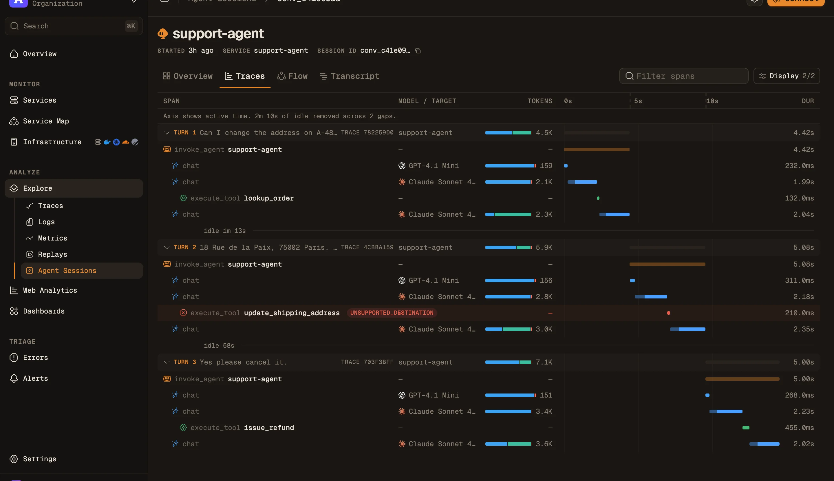 The trace view of a session: three turns, each with an invoke_agent span, chat spans labeled with their model and token counts, and execute_tool spans, on a time axis with the idle gaps between turns removed. One tool span is marked with its error type.